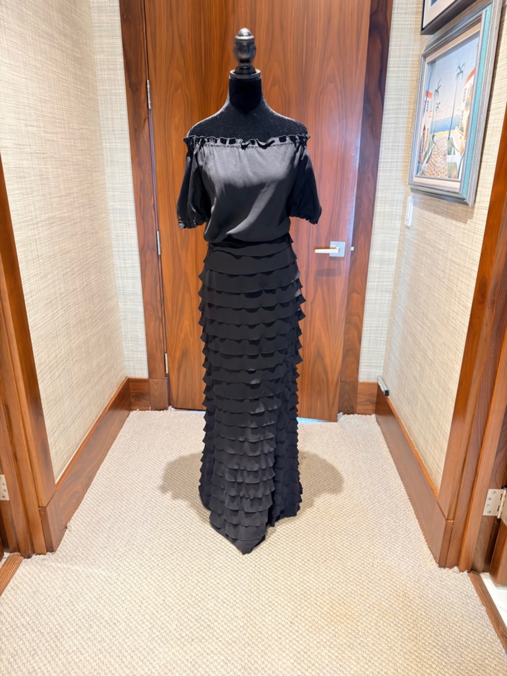 Vintage Black Silk Ruffle Maxi Dress Off Shoulder Elegant